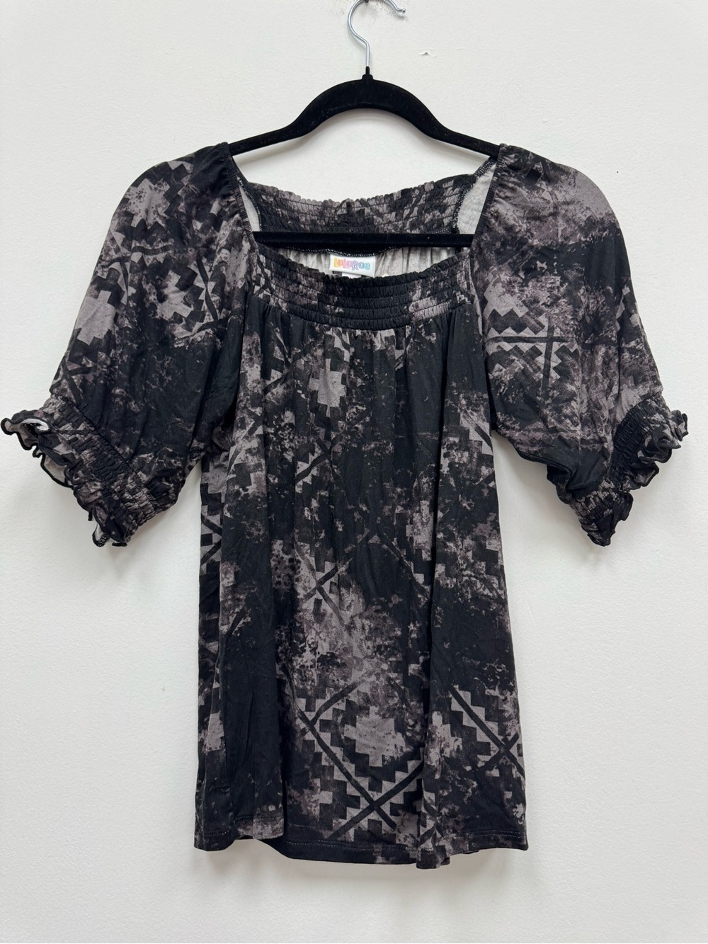 LuLaRoe Black and Gray Smocked Square-Neck Blouse